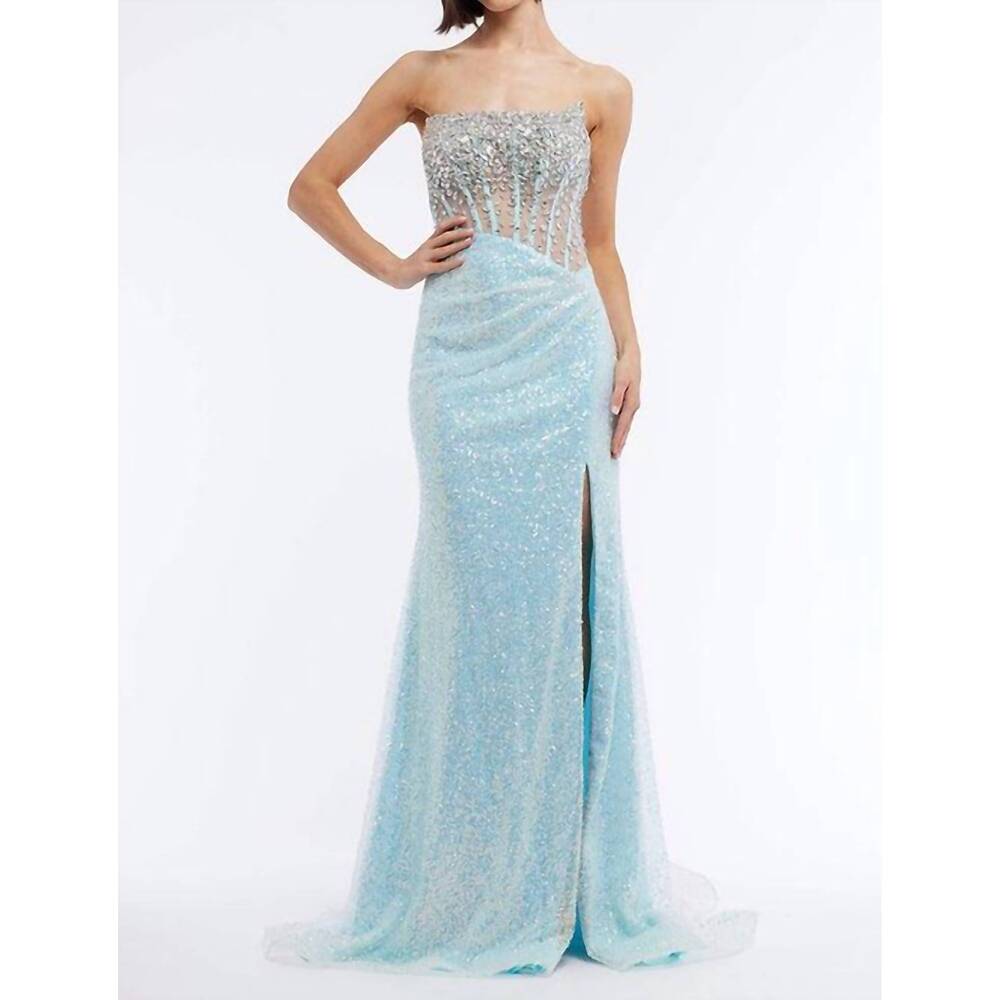 NEW VIENNA PROM sheer corset high slit long dress in blue